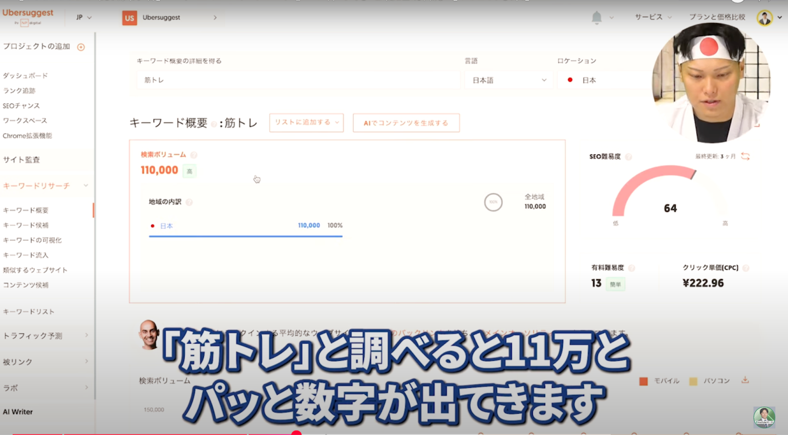 Ubersuggest操作画面